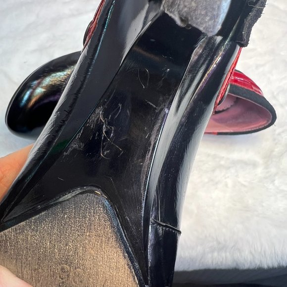 CHANII B Black Leather w Red Leopard Ruffle & Trim w Red Trim on Heels-38 - Picture 16 of 16